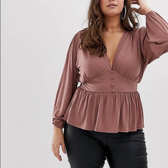 ASOS Curve Tops - ASOS DESIGN Curve Mauve Balloon Long Sleeve Corset Waist Top Plus Size 14